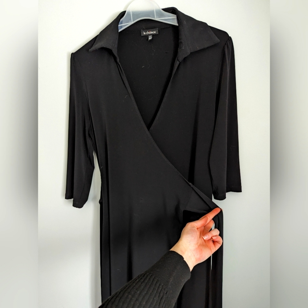 Le Chateau Black Faux Wrap 3/4 Sleeve Dress Size M